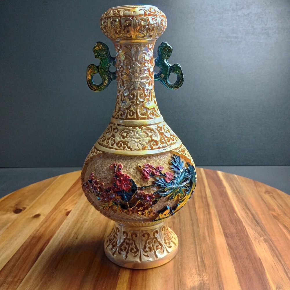 Vintage Antique Carved Resin Vase Asian Japanese Chinese Satsuma Style 12" Tall